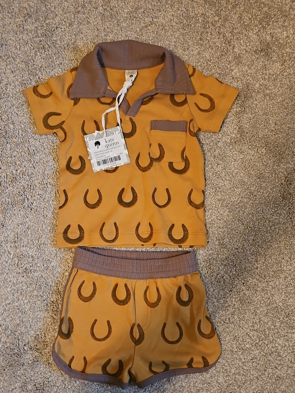NWT Kate Quinn Horseshoes Retro Track Short Set 12-18M Organic Cotton Western
